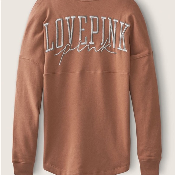 PINK Victoria's Secret Sweaters - VICTORIA SECRET PINK Varsity Crew Stucco Beige Shine Sweatshirt, Small.